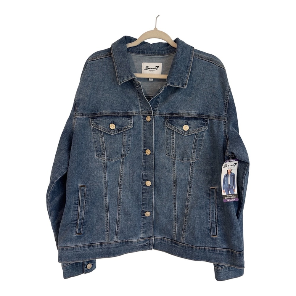 Seven7 Womens Denim Trucker Jacket Ocean Drift Medium Wash XXL MY5302DE25